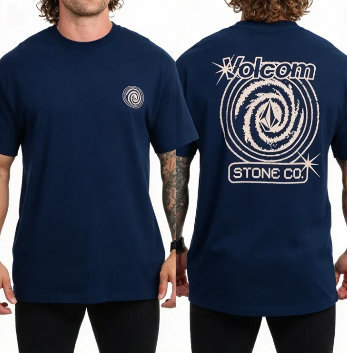 2026 new Skate Streetwear Graphic Tee Men Loose Fit Double Sided Distressed Spiral Art Print Cotton Top