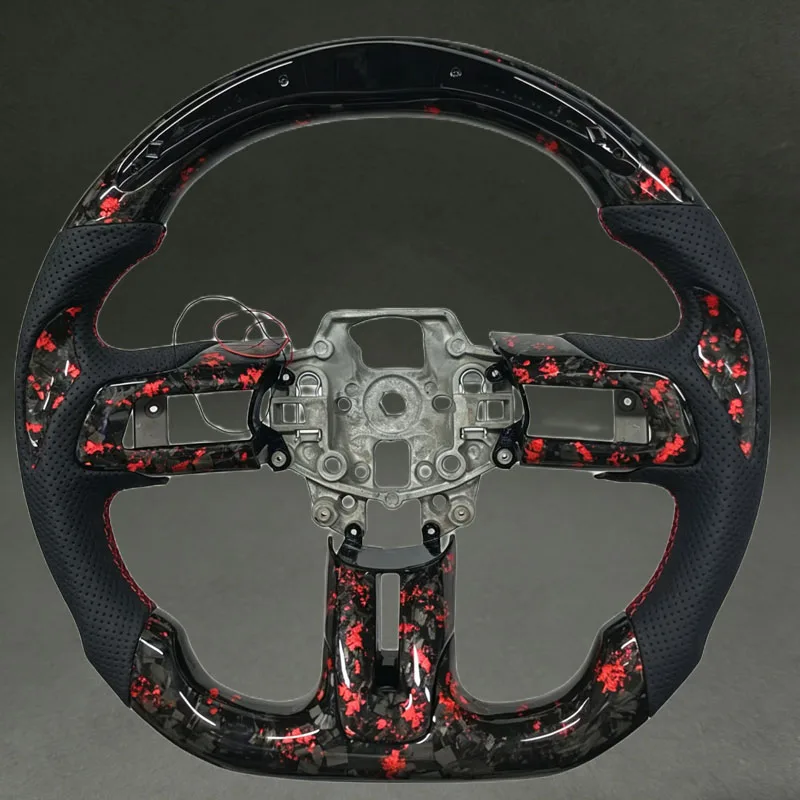Red Forged Carbon Fiber Steering Wheel for Mustang 2015 2016 2017 2018 2019 2020 with LED Display Thumb Patch with Flat Bottom