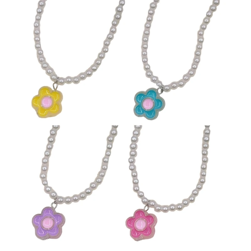 Colar com pingente flor com pérolas imitação doce coreana para mulheres meninas
