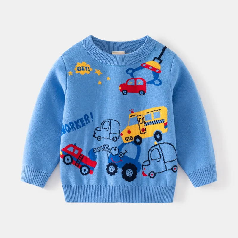 

2025 Winter Cartoon Car Print Children's Sweater Boys Full Sleeve O Neck Knitwear Kids Warm Soft Pullover Casual Loose Jumpers