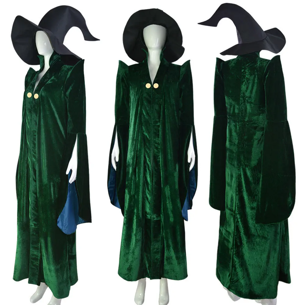 Professor Minerva McGonagall Cosplay Costume Dark Green Dress Robe Cape Hat Velvet Halloween Carnival Suit for Adult Kid