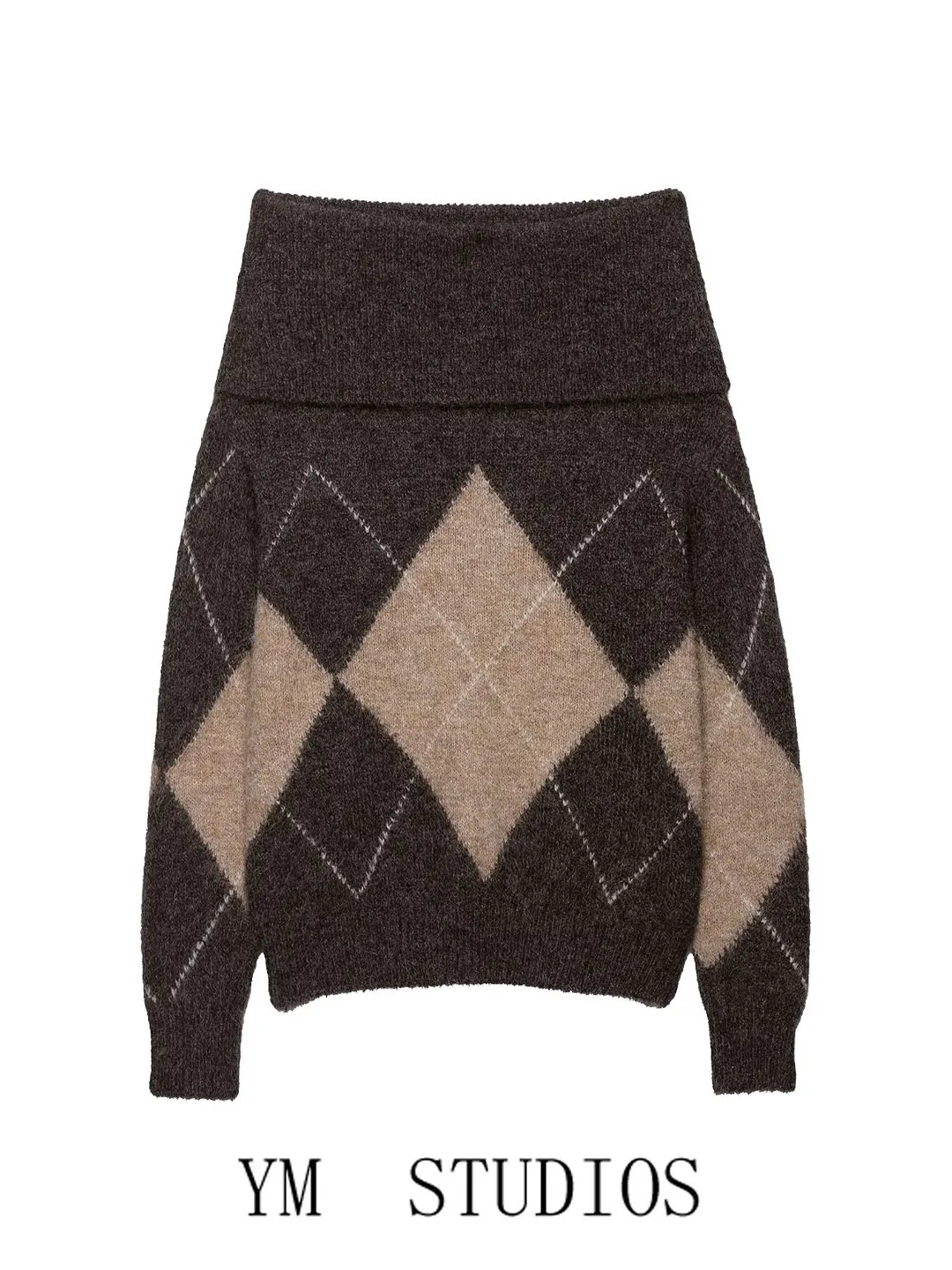 

Retro Geometric Pattern Off-oulder Knitted Sweater Women's New Autumn Winter Slimming Long Sve Thermal Straight Cut Top