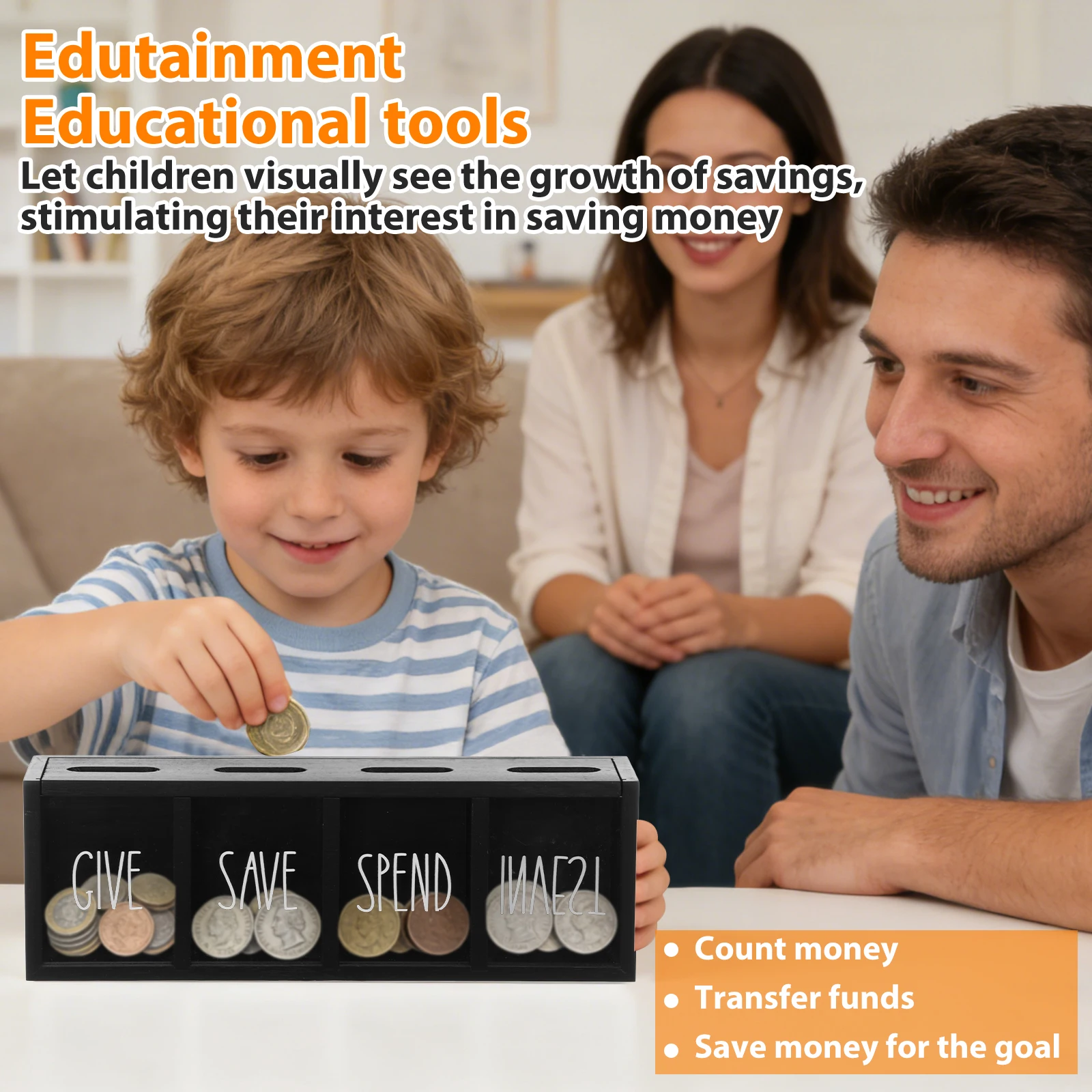 4 Grids Wooden Give Save Spend Invest Money Saving Box Money Saving Box Wall Mount Piggy Bank for Daily Cash Bill and Penny