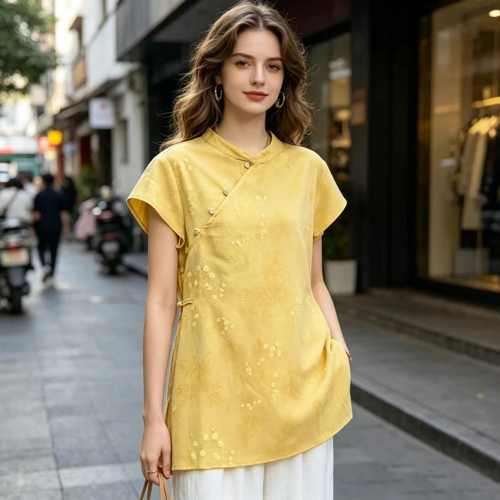 2026 Summer New Women's Chinese Vintage Shirt National Frog Button Jacquard Blouse Short Sleeve Hanfu Tops Mandarin Neck Top