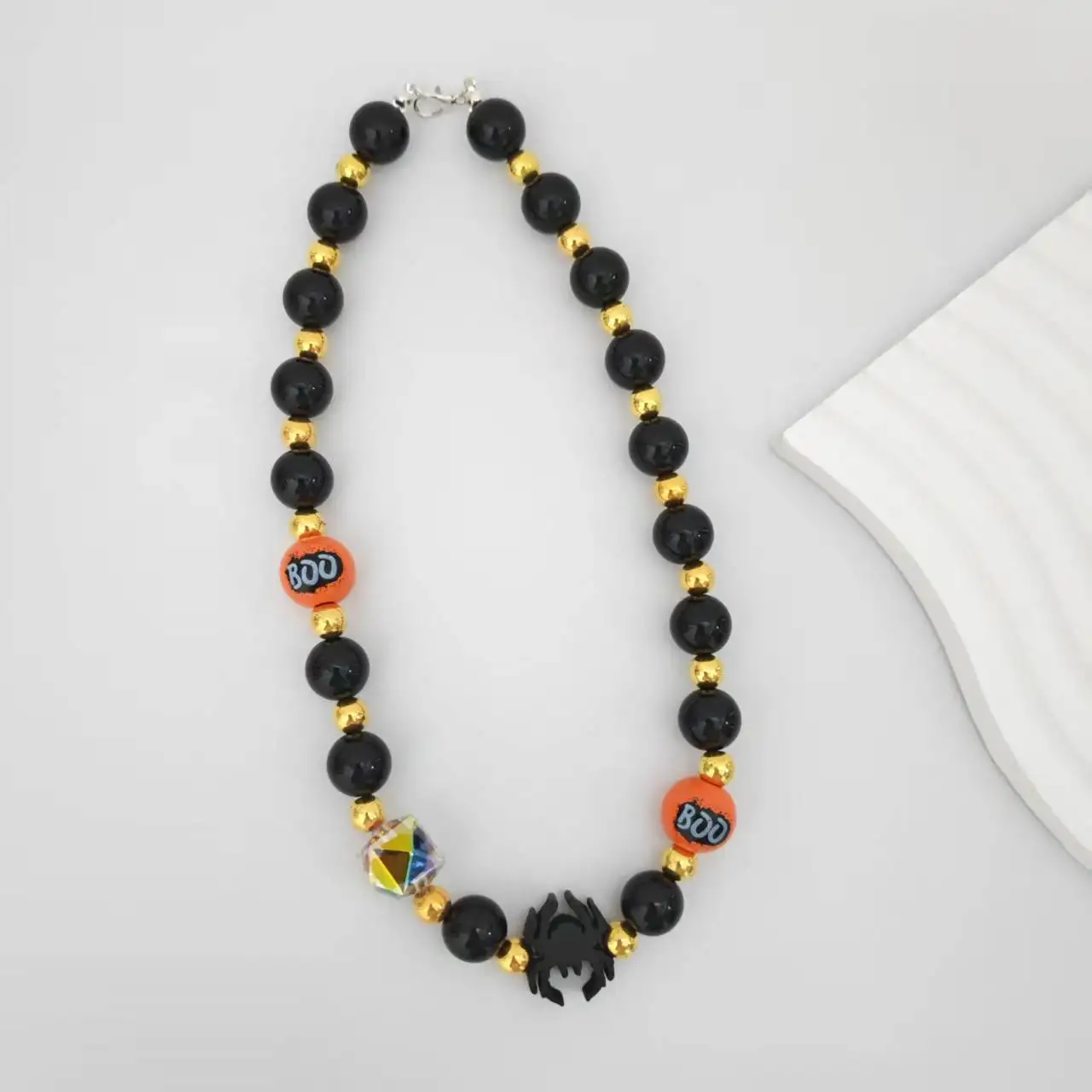 

Baby Girl Boy Black Gold Bead Necklace Kids Black Spider Pendant Orange Boo Handmade Necklace For Halloween