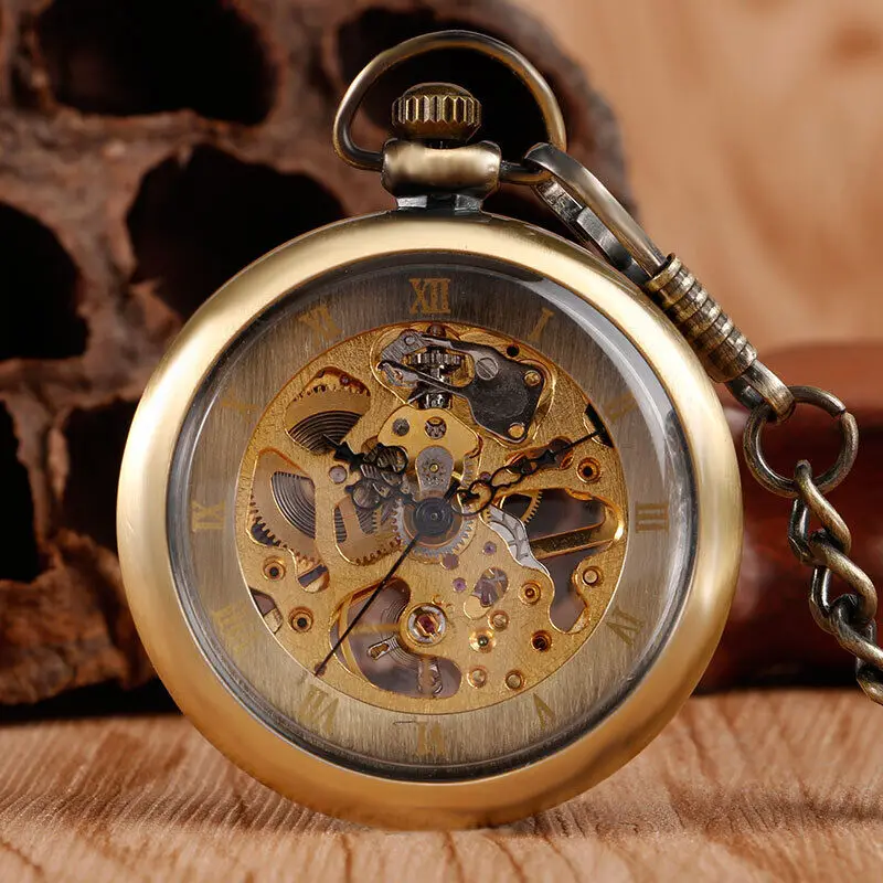 

New Arrival Mens Mechanical Hand Wind Pocket Watch Open Face Roman Numerals Dial Bronze Tone Case Nice Gift