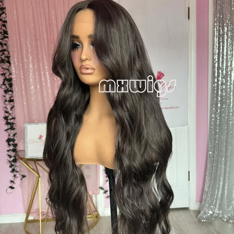 MXWIG Synthetic Hair Darkest Brown Body Wave Glueless 13X4 Lace Front Wig For Black Women Preplucked  Daily Fiber Cosplay