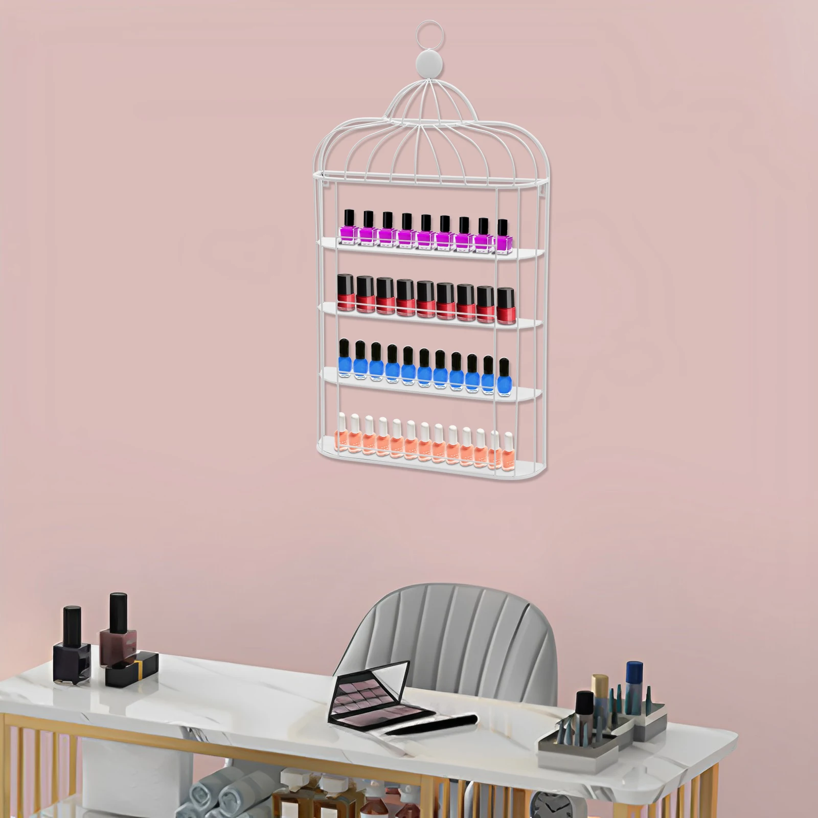 

4-Tier Wall-Mounted Nail Polish Organizer Birdcage Style Nail Polish Storage Rack Multi-Purpose Cosmetic Display Shelf