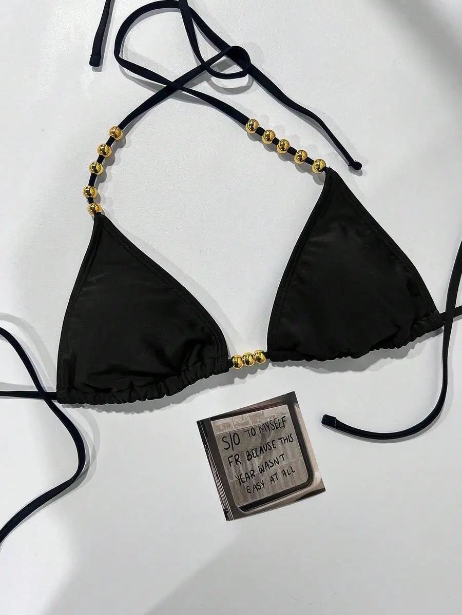 

Womens Halter Tie-Up Bikini Top With Bead Accent Summer Swimwear