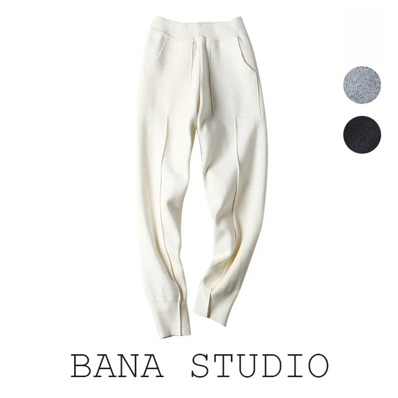 

Женские трикотажные брюки Харлан с высокой талией, свободные длинные брюки с эластичной резинкой на талии, корейские брюки Sle Commute Faion