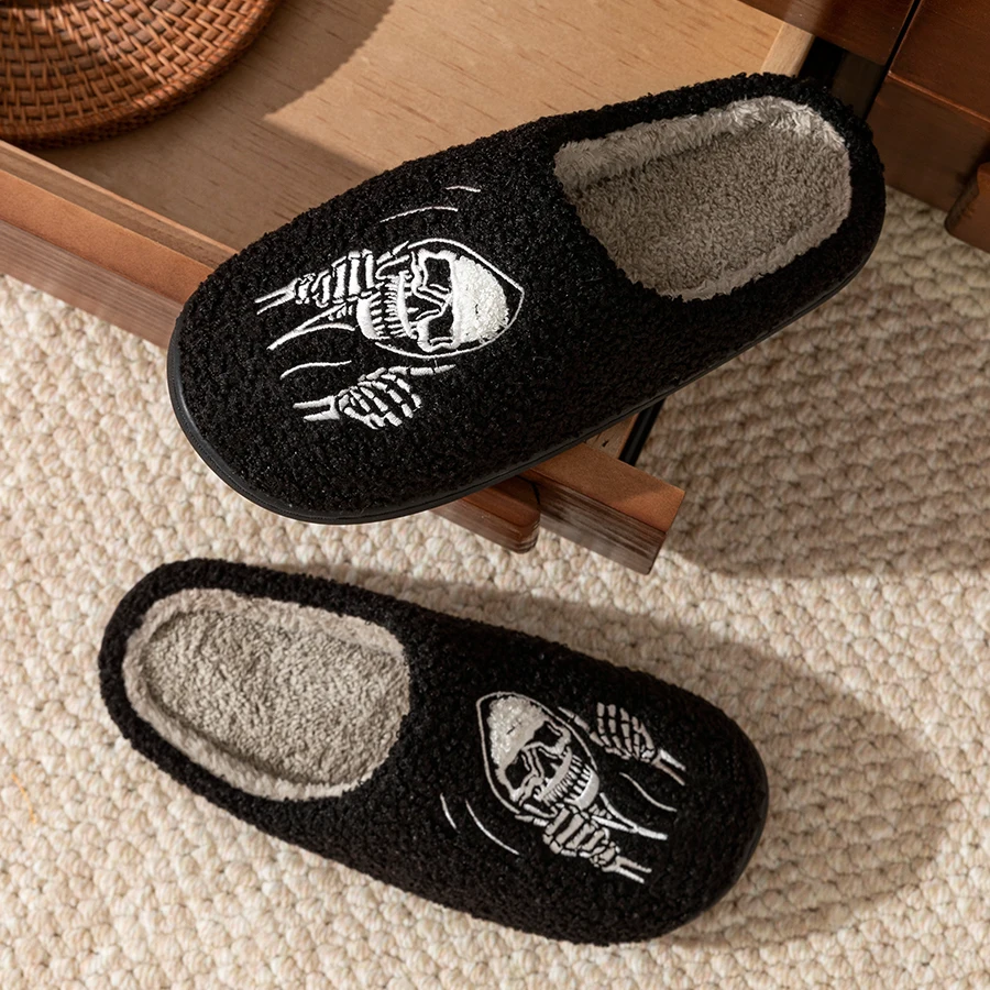 Fashion Halloween Skeleton Ghostface Couple Winter Women Cotton Slippers Toe Wrap Warm Indoor Mute Non Slip Floor Flat Shoes
