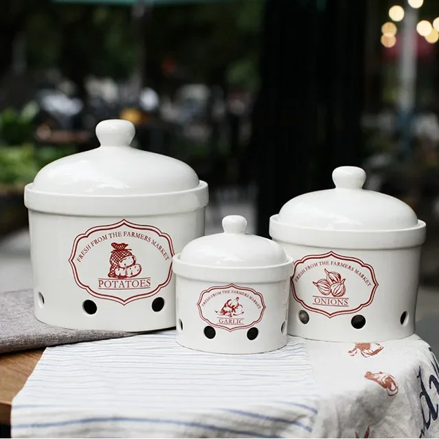 household kitchen ceramic storage tank potato onion jar garlic jar breathable tank storage tank with lid fresh-keeping lid