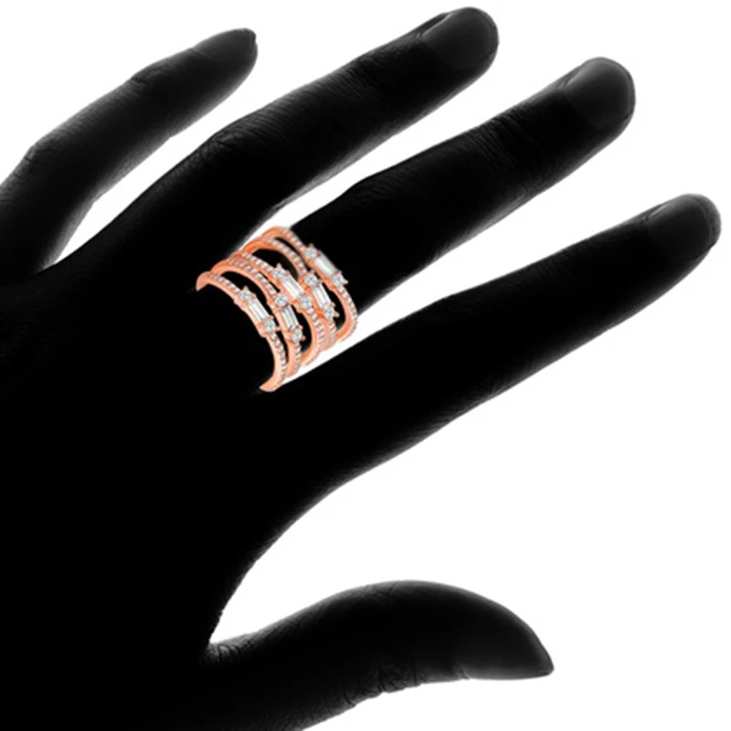 Huitan Stylish Luxury Multilayer Finger Ring Lady Gorgeous Wedding Party Jewelry with Shiny Zirconia Rose Gold Color Accessories