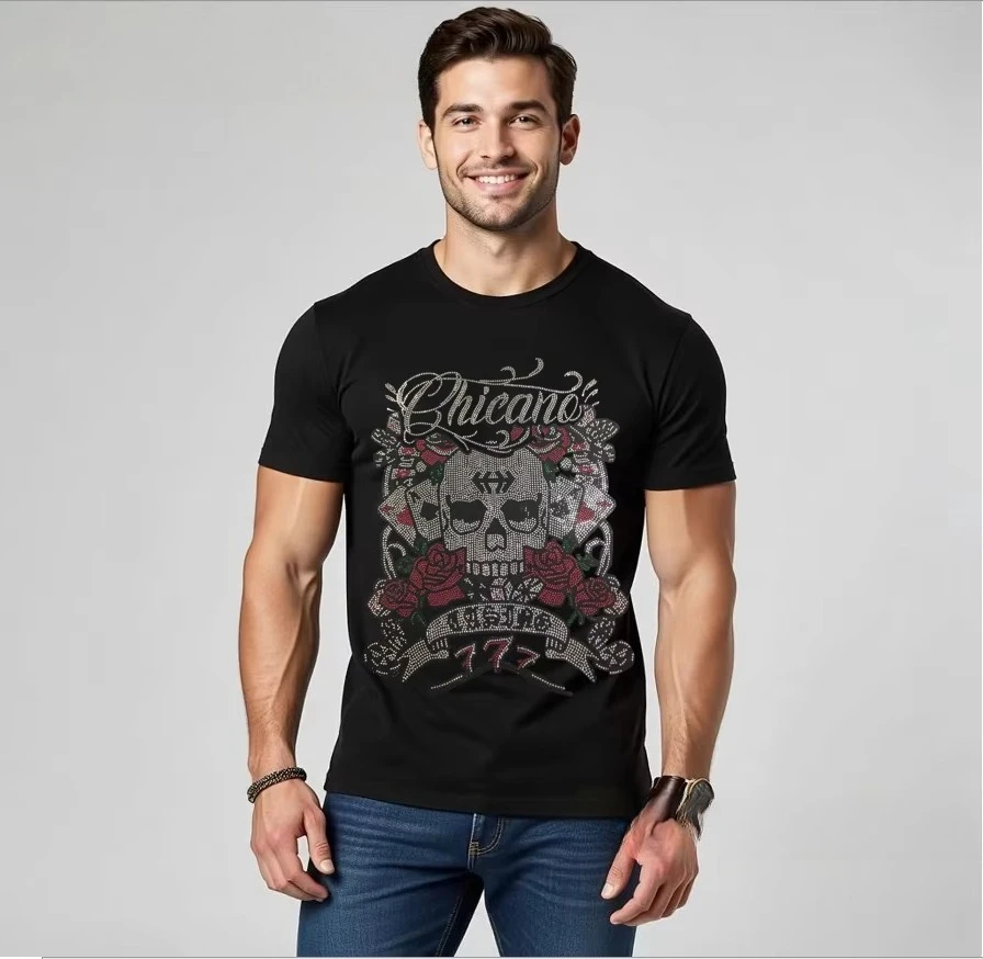 2026 Cool Hot Luxury Crystal Rhinestone Mens T Shirt Pure Cotton O-Neck Short Sleeve Summer Street Style Soft Comf