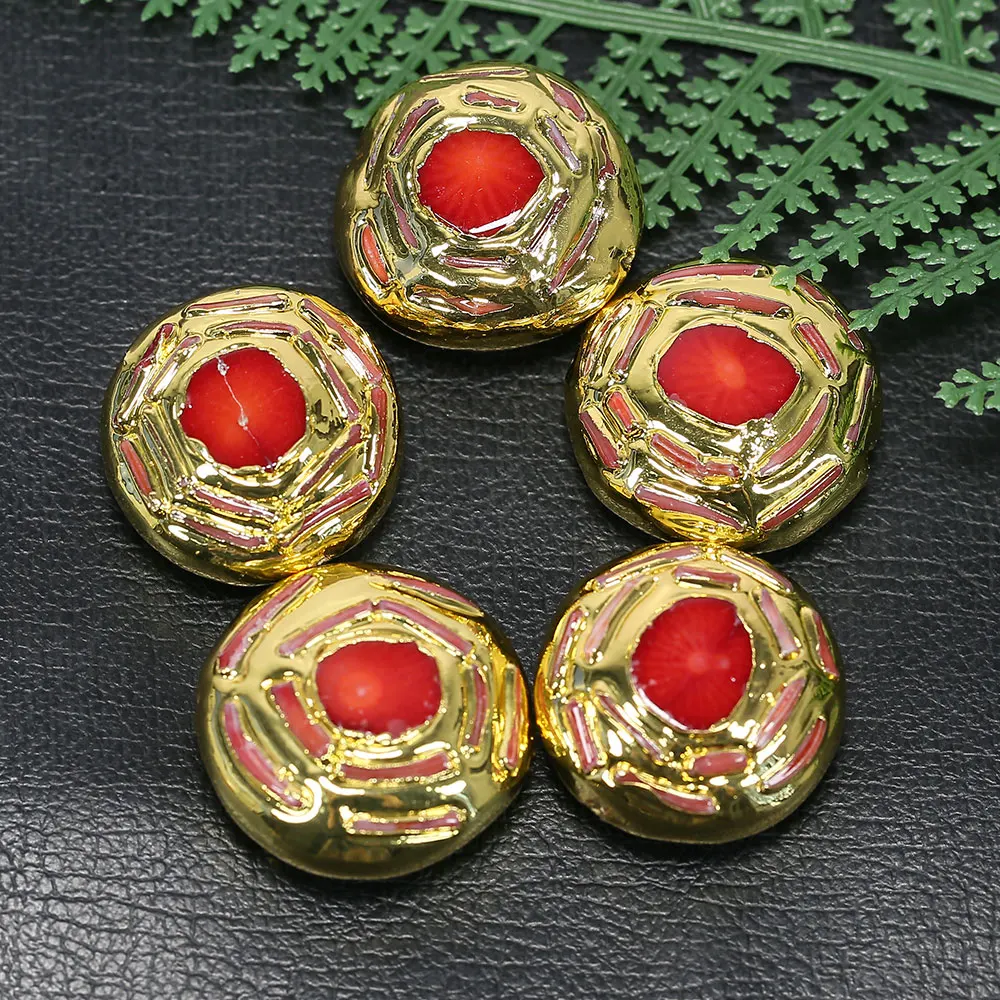 APDGG 5 Pcs Natural Red Coral Paved Gold Plated Spacer Beads