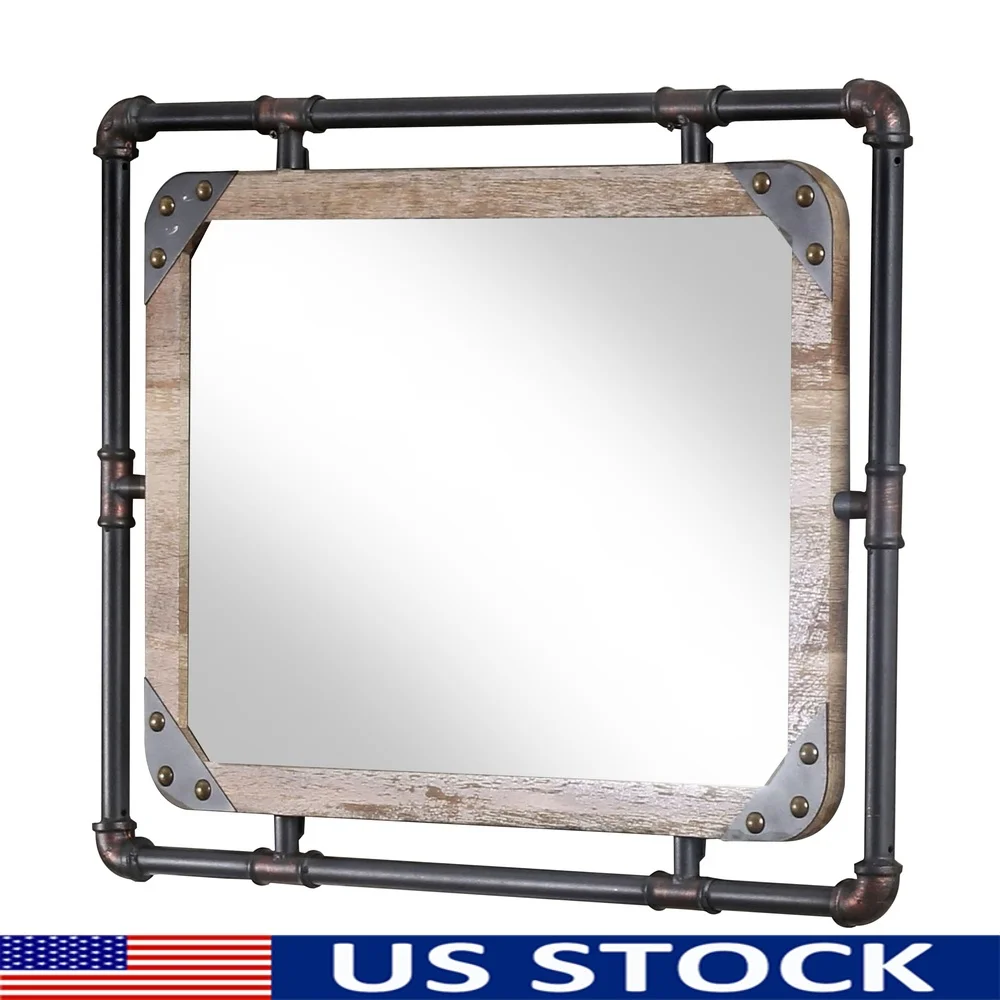 

Industrial Decorative Wall Mirror Rustic Wooden Metal Frame Brushed Copper Accents Wall-Mountable Home Decor Statement Piece