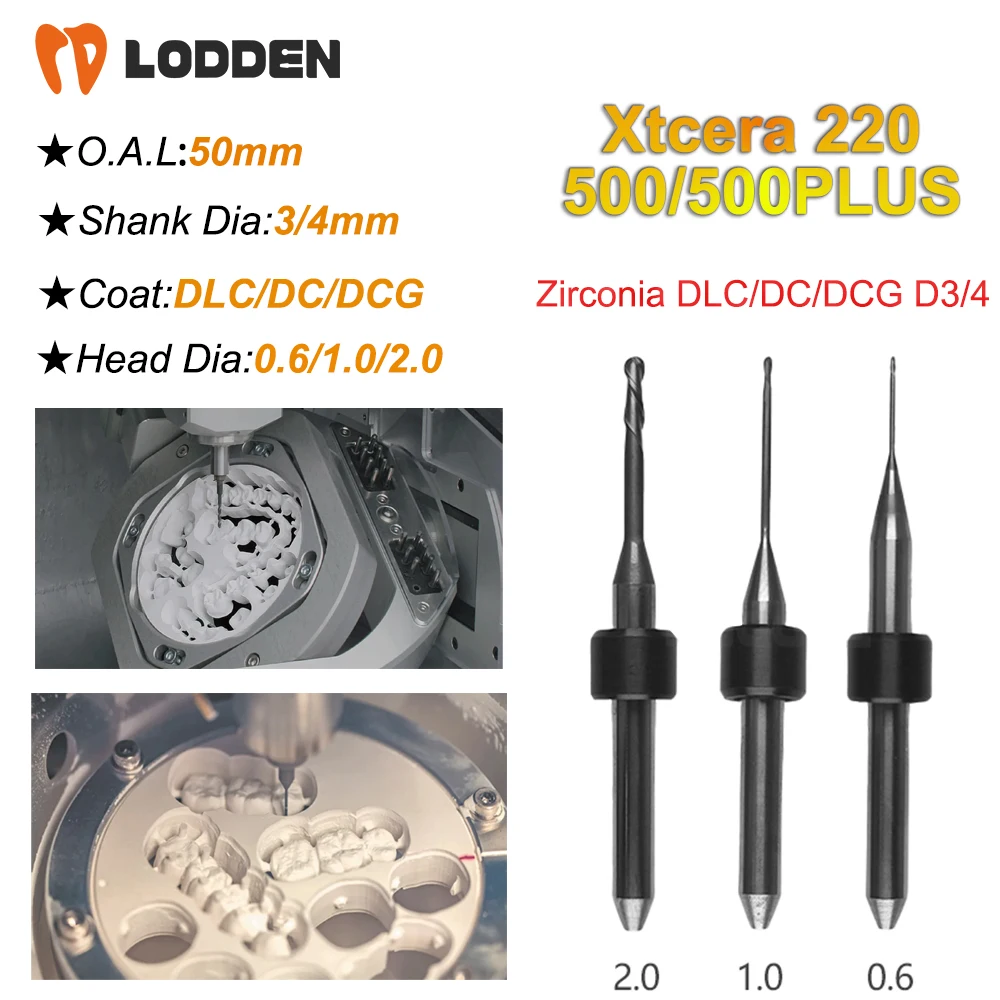 XTCERA 220/500/500plus Dental Milling Bur Grinding Zirconia D4 Shank DLC/DC/DCG Diamond Coating 50mm Length 0.6/1.0/2.0mm