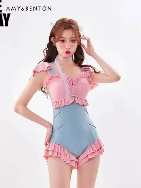 

Lotus Leaf Splicing Color One-piece Swimsuit Women Cute Swimsuit Student Vacation Sweet Slim Triangular Swimming Suit for Women