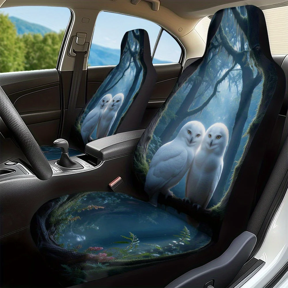 2pcs, Modern Owls In Enchanted Forest Design Front Seat Covers, Fresh Look For Car Interior With Front Seat, Keeps Front Seats C