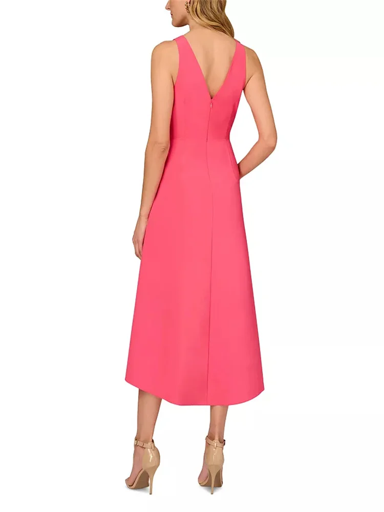 Customized Pink Rose Taffeta Midi Dress Sleeveless Deep Crossover V-neck Pleated Chest Rosette Ruffled Slit Evening Gown