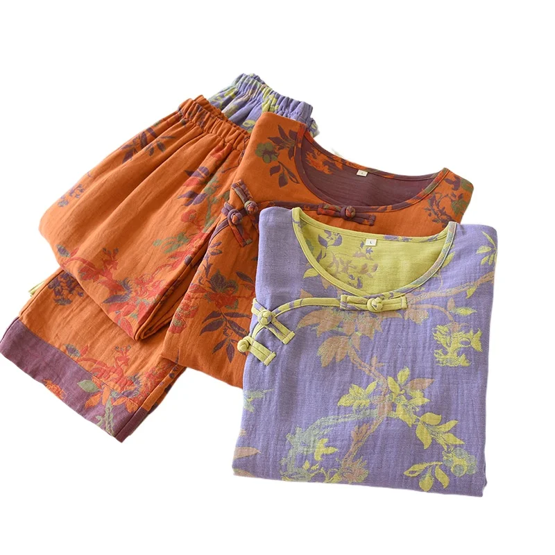 Pure Cotton PajamasTwo-piece Set New Chinese-style  Double-layer Gauze Yarn-dyed Long-sleeved Loungewear National Style Loose