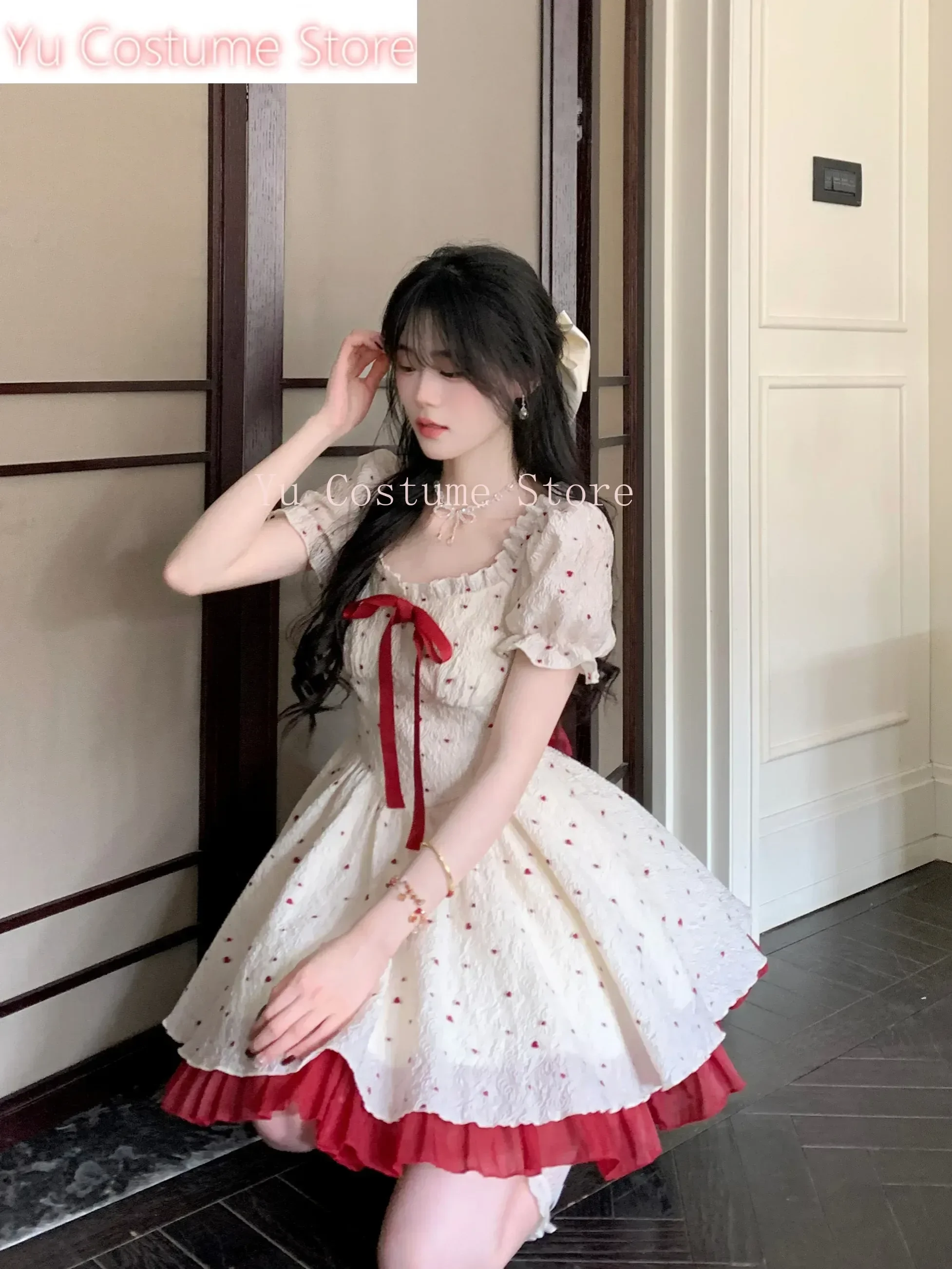 

Yu Costume Summer Sweet Print Y2k Mini Dress Woman Bow Lolita Kawaii Short Party Dress Casual One Dress Korean Fashion Hot Girls