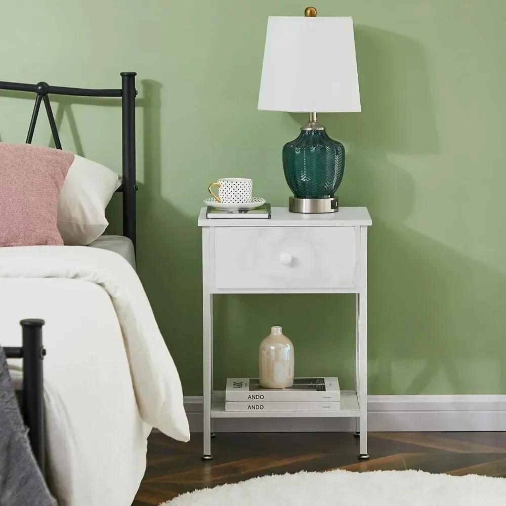 Coffee table with drawers and shelves 2-piece set, living room bedroom, industrial metal frame, white coffee table