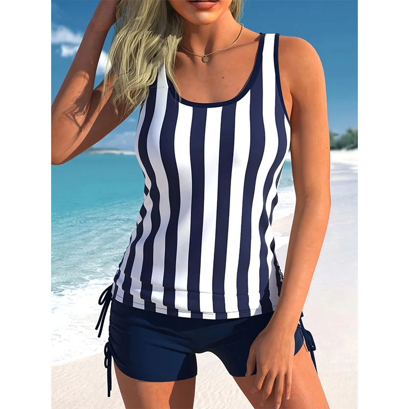 المرأة مخطط الرياضة Tankini مجموعة حبال عارية الذراعين المحافظ زي سباحة من قطعتين مع Boyshorts الصيف عطلة الشاطئ المايوه مجموعات