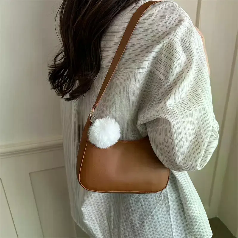 1Pcs Trendy And Simple Solid Color New Small Square Bag High Quality Fashion Single Shoulder Armpit Bag With Hairball