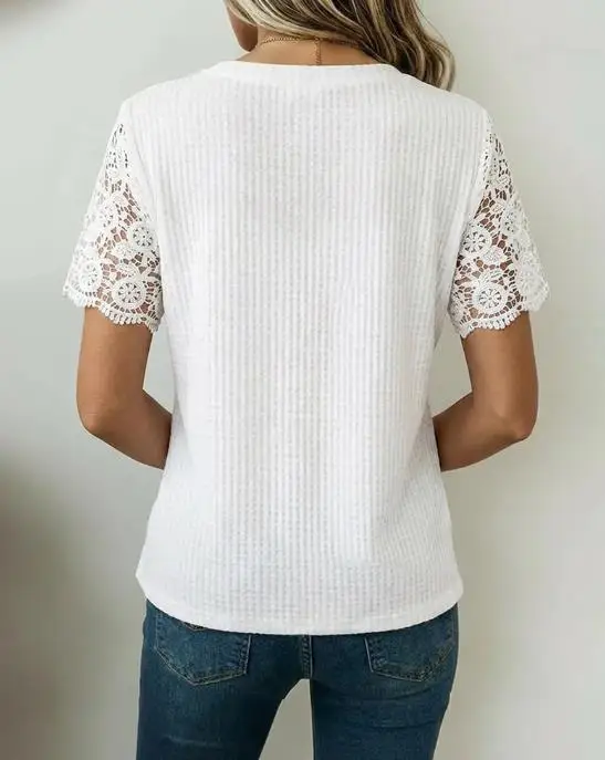 

Top Women 2026 New Spring Solid Color Notch Neck Short Sleeve Lace Spliced Tee Casual Half Button Front Waffle Textured Top