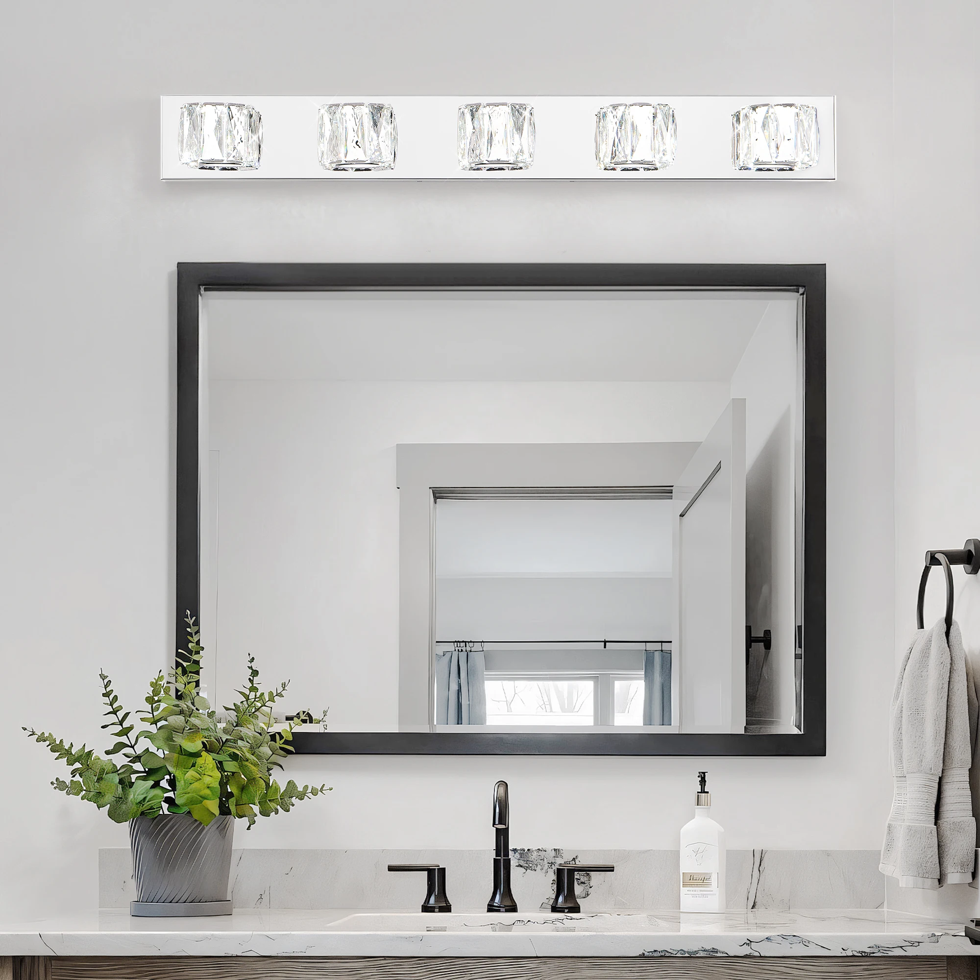 

35" Modern Crystal 5-Light LED Wall Sconce – Elegant Chrome Bathroom Vanity Light with Clear Crystal Shades