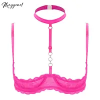 Sujetador con aros de 1/4 tazas para mujer, cuello Halter, anillo redondo transparente de encaje, sostén push-up, lencería Sexy, sujetadores abiertos en el pecho, ropa interior