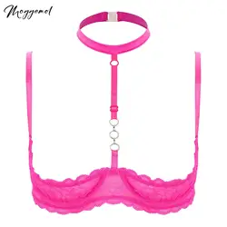 Womens 1/4 Cups Underwire Bra Halter Neck O Ring See Tthrough Lace Push Up Brassiere Sexy Lingerie Breast Open Bras Underwear