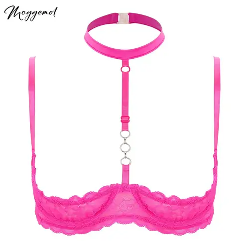 Sujetador con aros de 1/4 tazas para mujer, cuello Halter, anillo redondo transparente de encaje, sostén push-up, lencería Sexy, sujetadores abiertos en el pecho, ropa interior