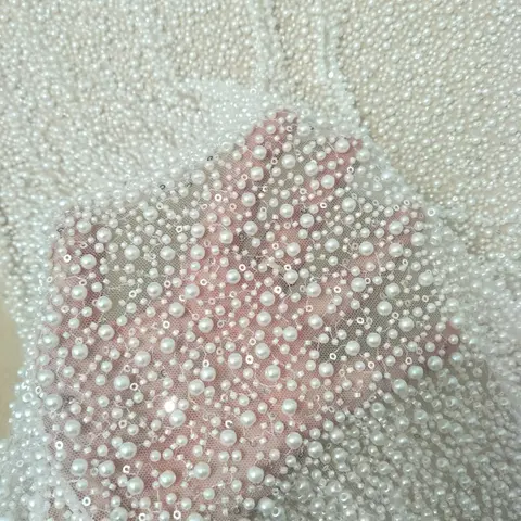 hot selling heavy beading wedding gown dress lace fabric 130cm width pearls lace sell by yard