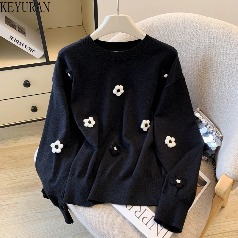 

Милый пуловер с цветочным принтом, женский свитер 202, осень-зима, винтажный корейский модный женский трикотаж с круглым вырезом и длинными рукавами, топы, джемпер
