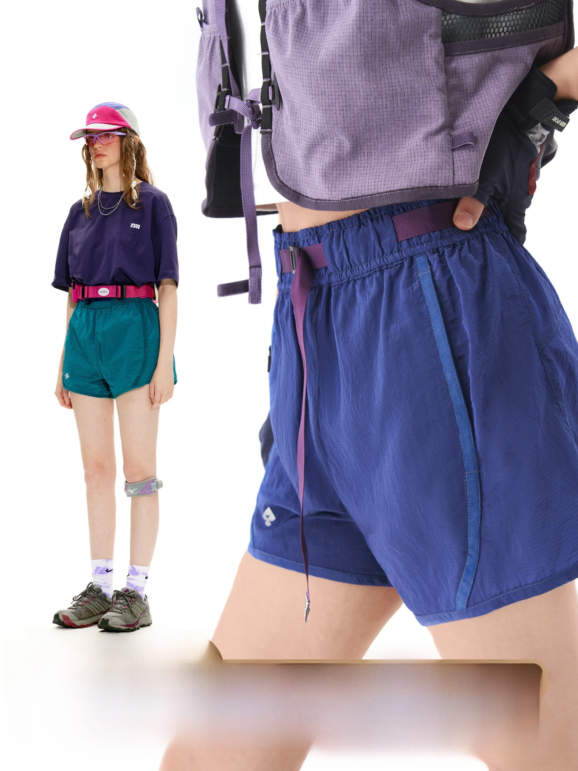 Notomme Outdoor Camping Metal Luster Sports Shorts Color Block Waistband Slimming Hot Pants High Waist Nylon Straight Leg Pants