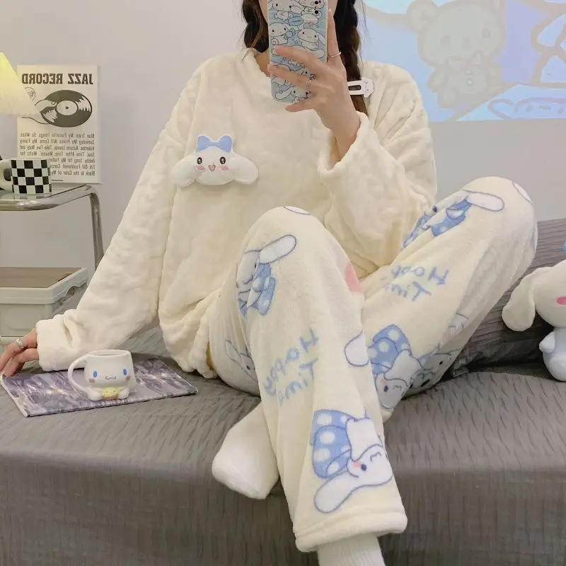 Anime Cute Kuromi Cinnamoroll Pajamas Suit Sanrios Kawaii Cartoon Plush Homewear Women Autumn Winter Flannel Girl Warm Nightwear