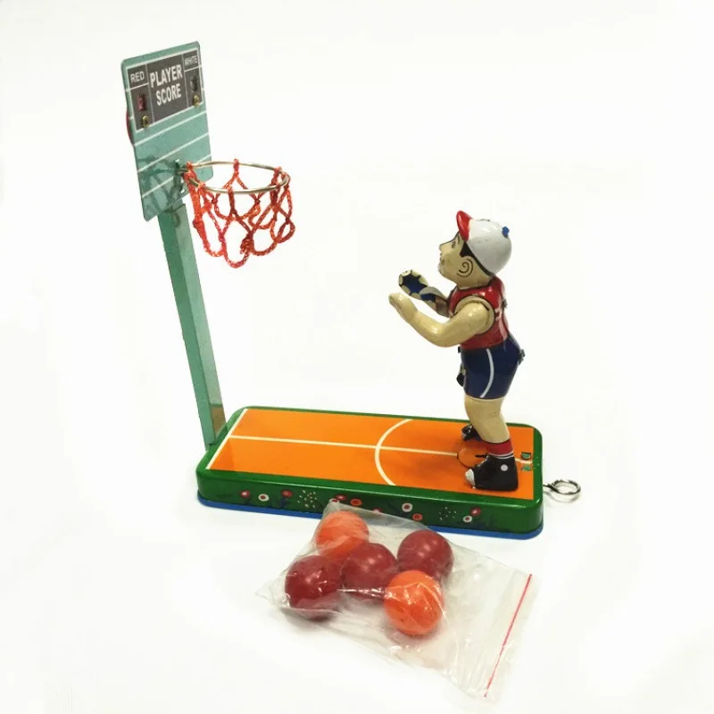 

Clockwork Toy Collection Retro Wind Up Toy Metal Tin Figures Model Basketball Player Shooting Basketball Stand Gift