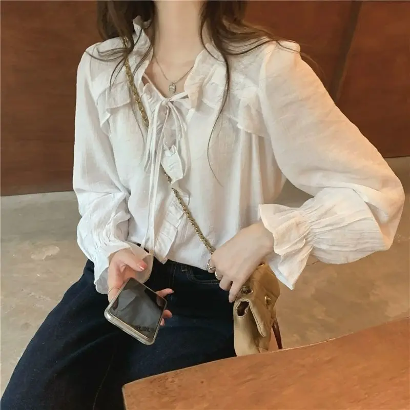 Temperament V Neck Lacing Thin Shirt Tops Spring New Long Sleeve Solid Loose Lacing Korean Blouse Fashion Sweet Women Clothing