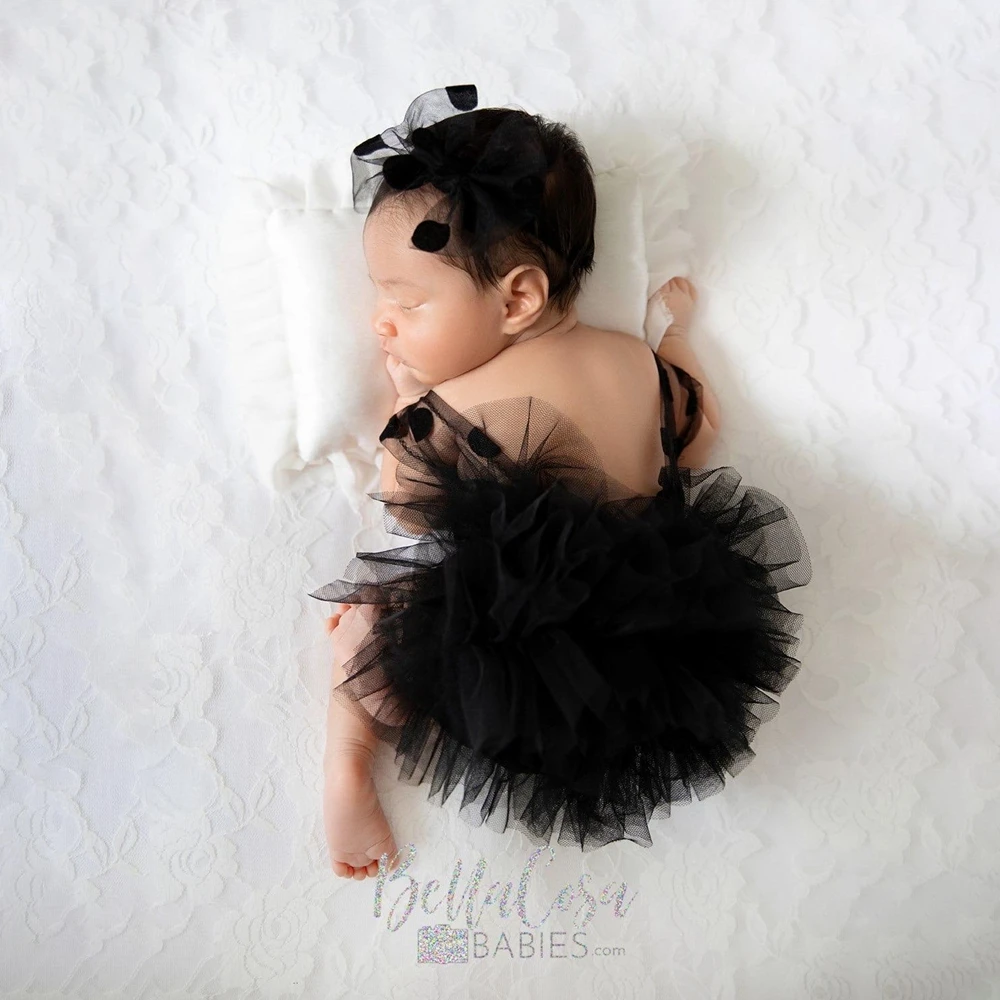 Black Polka Dot Tutu Romper Newborn Photoshoot Outfit - Baby Girl Black Tulle Skirt Bow Headband for Professional Studio Photos