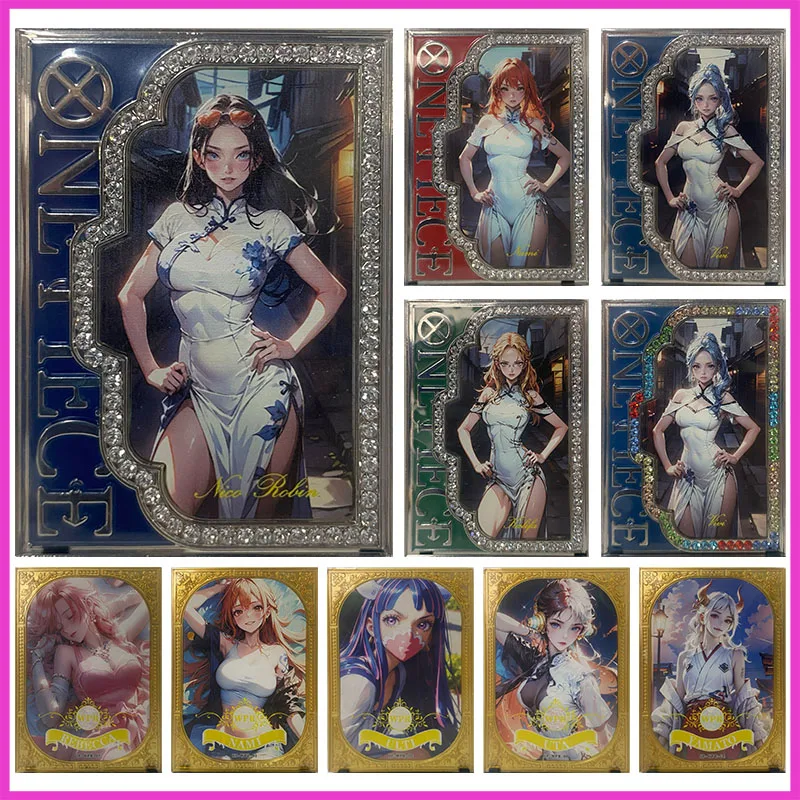 Anime ONE PIECE Rare Metal Rhinestone Cards Robin Nami Kalifa Vivi Perona Ulti Zabawki dla chłopców Karty kolekcjonerskie Prezent urodzinowy