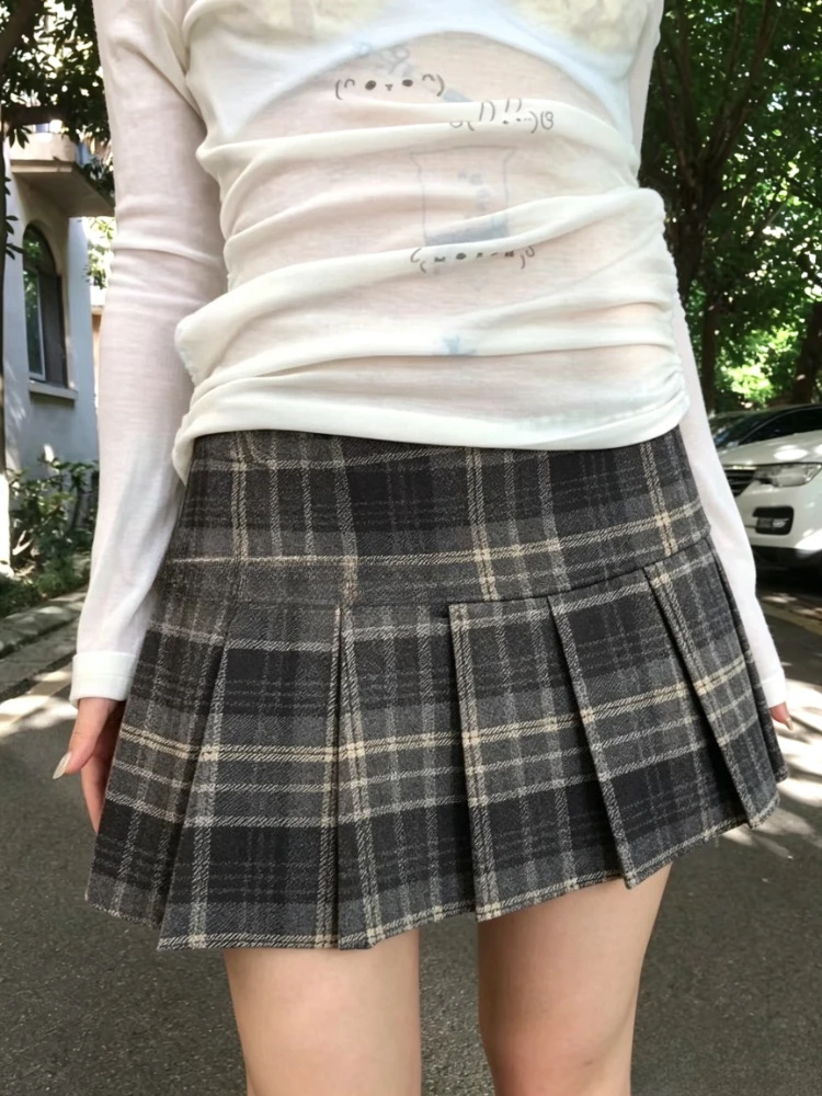 Y2K High Waist Plaid Pleated Mini Skirt Women American Retro Preppy A‑Line Casual Streetwear Daily Fashion Short Skirt