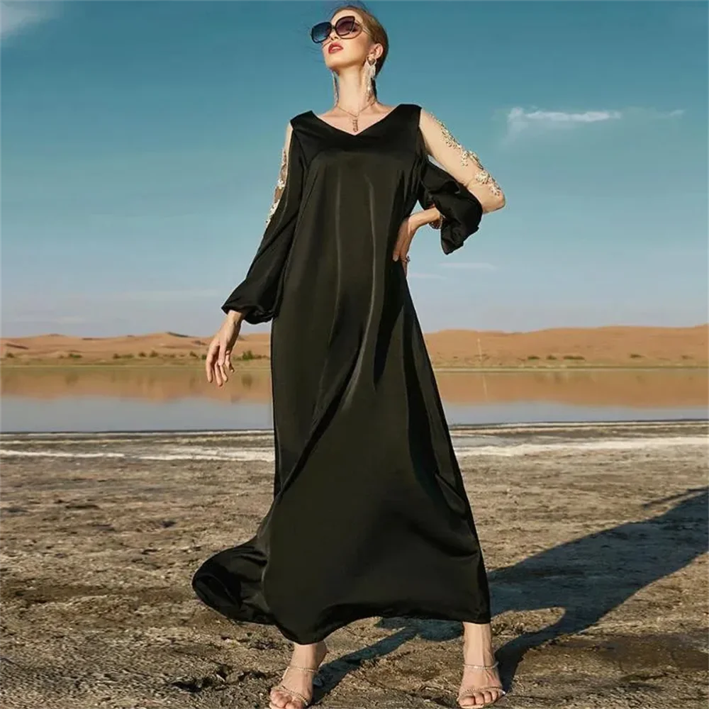 أسود مطرز المغرب حفلة عيد مبارك عباية نسائية فستان سهرة تركيا قفطان إسلام عربي دبي جلابية قفطان رداء #2