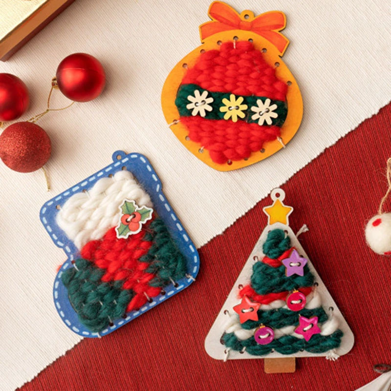 DIY Handmade Christmas Craft Kits Cute Wood Knitting Xmas Decoration Pendants for Kids DIY Handcrafted Toys Materials