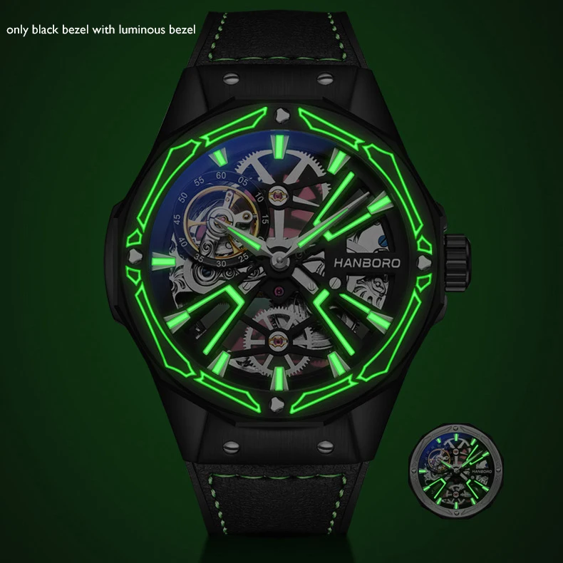 

HANBORO Mens Luxury Watches 44mm Automatic Watch Skeleton Mechanical Wristwatch 50M Waterproof Luminous Small Second Dial