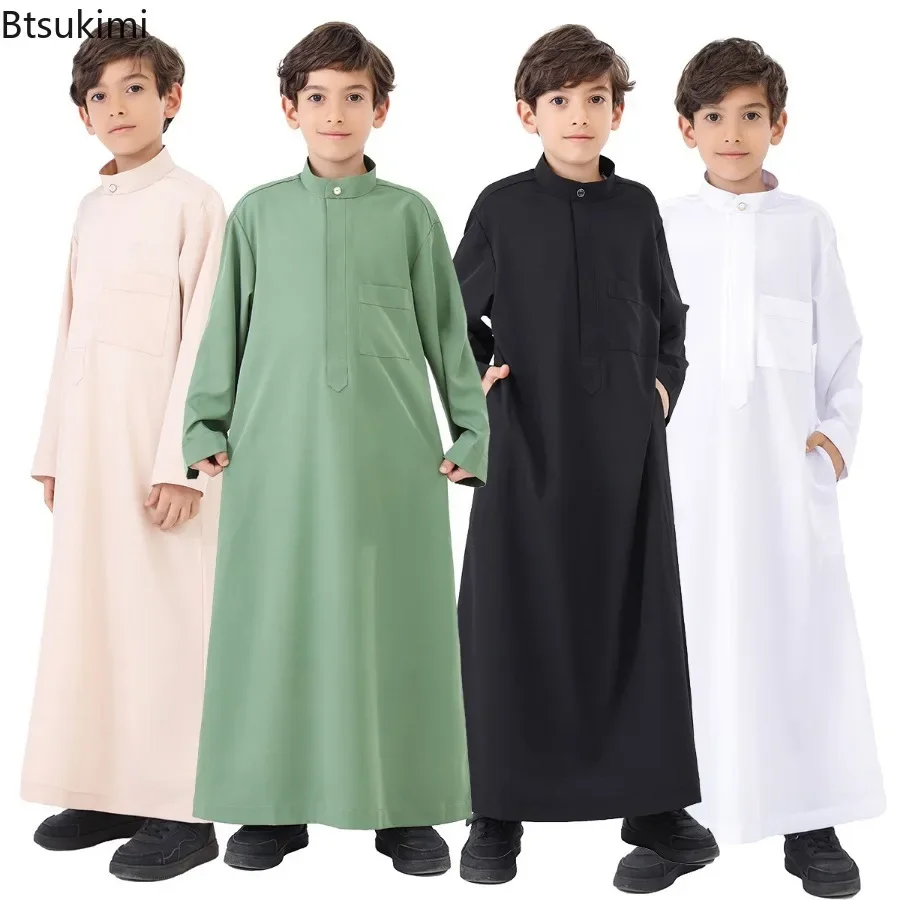 

Muslim Kids Clothing Boys Fashion Solid Long Sleeve Kaftan Robes Arab Islamic Caftan Thobe Pakistan Moroccan Abayas Long Dress