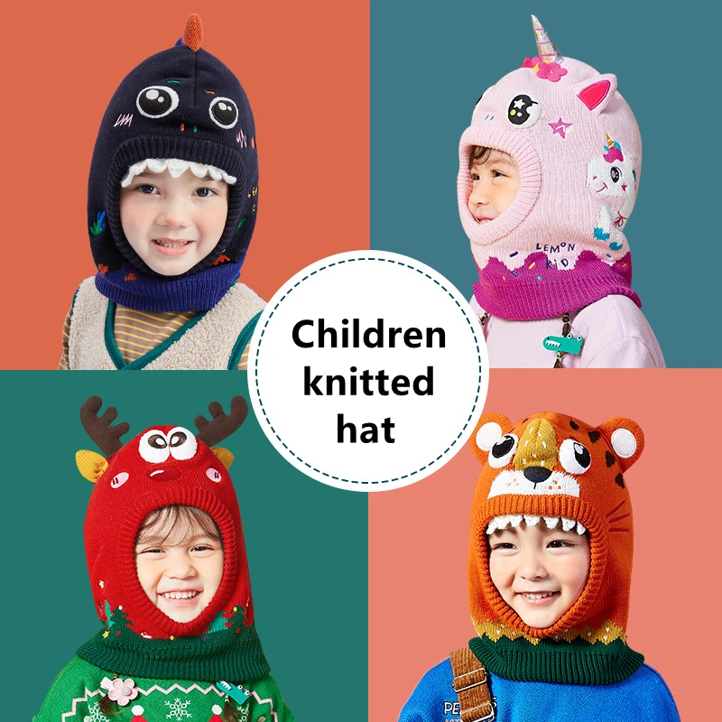 

Kids Hat Scarf Gloves Set 3D Dinosaur Unicorn Modeling Baby Girl Boy Winter Windproof Hat For Kids Warm Knitted Beanie Cap