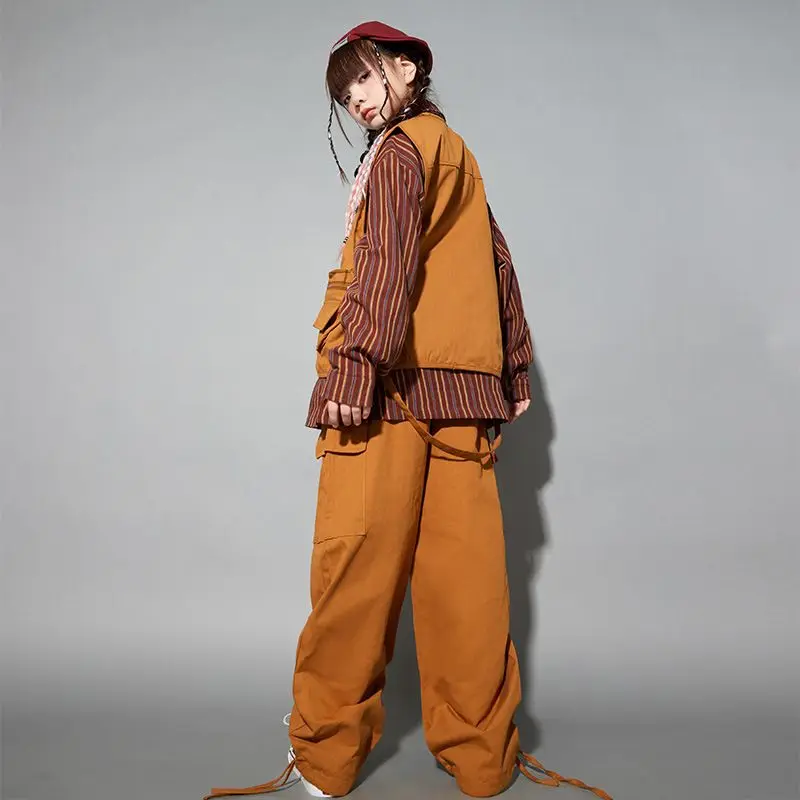 Child costume For Kids Stripe Shirt Brown Vest Hiphop Pants Suit Girls Jazz Dancing Outfits Boys Streetwear