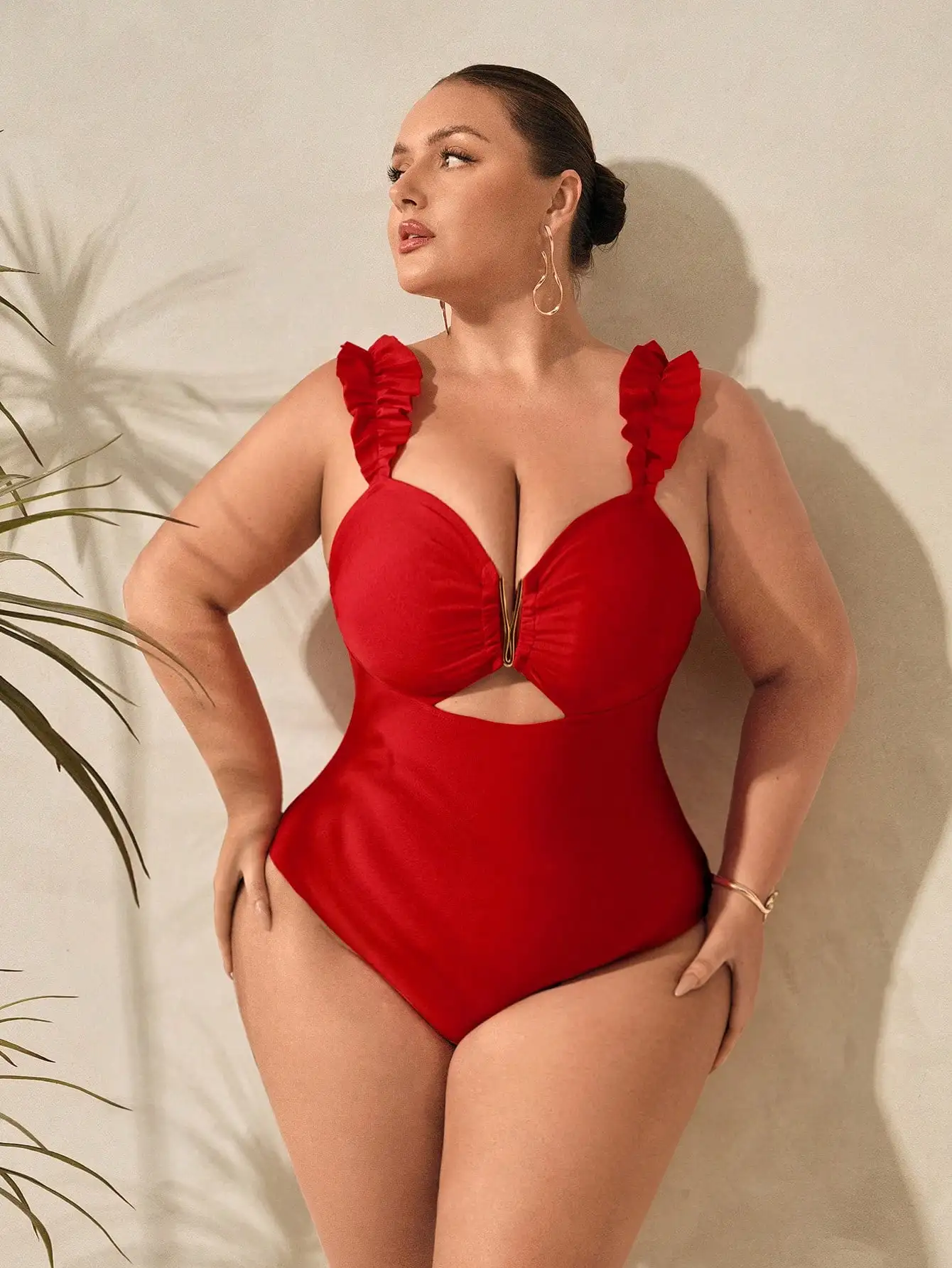 

Plus Size Red Solid Monokini Swimsuit With Sheer Skirt For Beach Holiday